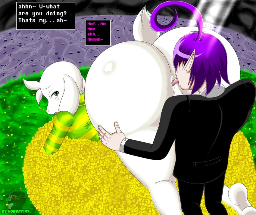 anal anus asriel_dreemurr ass balls big_butt boss_monster bubble_butt caprine clothing dialogue english_text femboy fur furry gay goat grab_the_butt hi_res huge_ass male mammal nobody147 tail text undertale undertale_(series) video_games yaoi