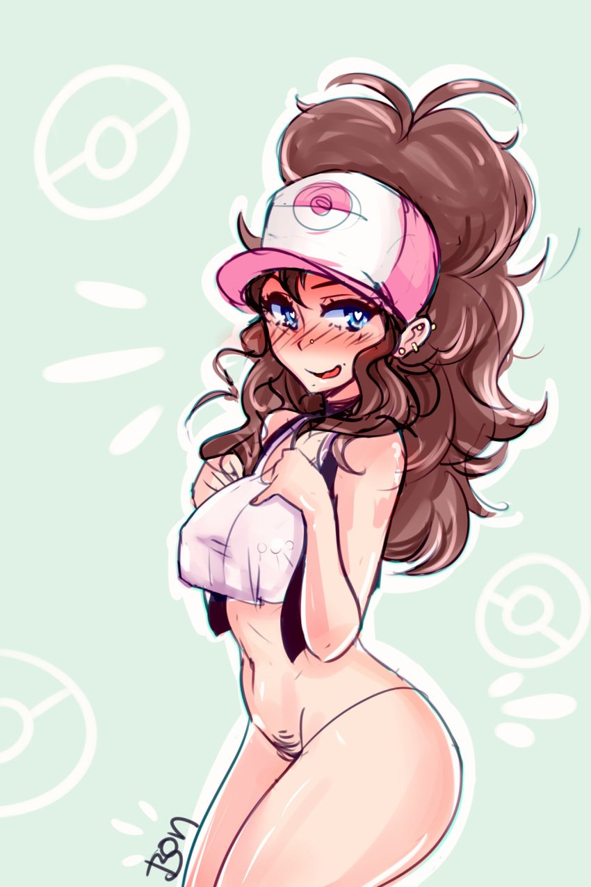 1girls big_breasts blue_eyes blush bottomless breasts brown_hair cleavage female female_only hat heart heart-shaped_pupils hilda_(pokemon) human lewd.commander nintendo pokemon pokemon_bw ponytail pubic_hair solo text watermark