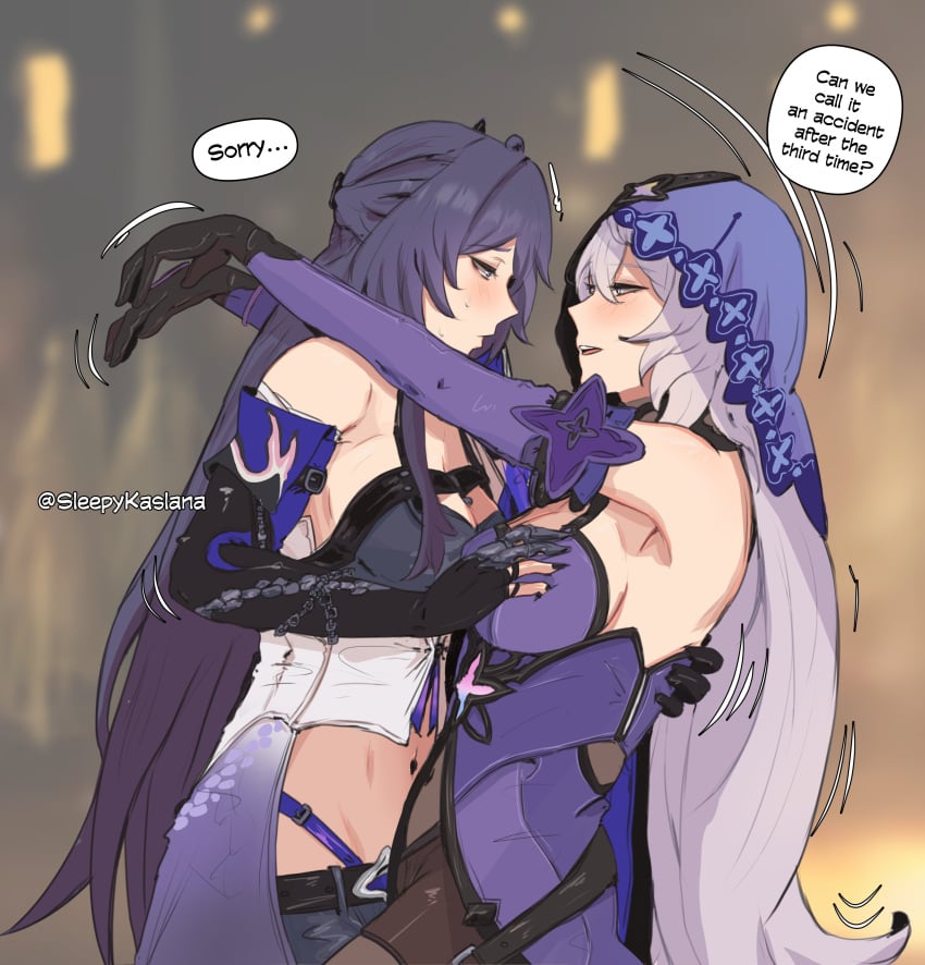 2girls absurd_res absurdres acheron_(honkai:_star_rail) arm_armor arm_around_back armpits bare_shoulders big_breasts black_swan_(honkai:_star_rail) blurry blurry_background blush breasts couple detached_sleeves english_text face-to-face female fingernails from_side gloves grabbing_another's_breast grey_hair groping hand_on_another's_back honkai:_star_rail honkai_(series) hoyoverse hug leaning_back leaning_forward lesbian light_smile long_hair looking_at_another midriff mihoyo multiple_girls navel parted_lips purple_hair sideboob sleepykaslana stomach sweat twitter_username upper_body veil very_long_hair yuri
