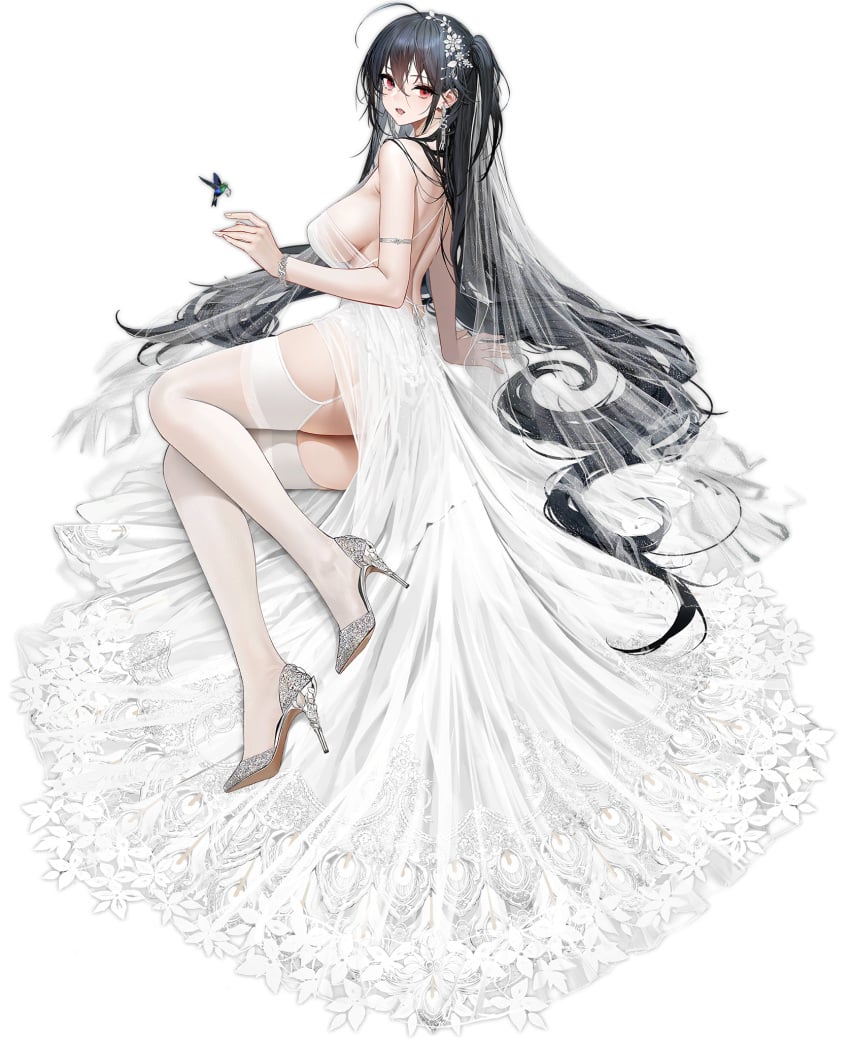 1girl ahoge azur_lane backless_dress backless_outfit bare_shoulders big_breasts black_hair bracelet breasts bug butterfly dress earrings female flower flustered full_body game garter_straps hair_between_eyes hair_ornament heel_boots heels high_heels jewelry large_breasts long_hair looking_at_viewer lying official_alternate_costume official_art on_side one_side_up red_eyes sakura_empire_(azur_lane) see_through simple_background sleeveless sleeveless_dress solo suggestive suggestive_pose taihou_(azur_lane) taihou_(temptation_on_the_sea_breeze)_(azur_lane) thick_thighs thighhighs veil very_long_hair wedding_dress wedding_veil white_background white_dress white_pantyhose white_thighhighs yandere