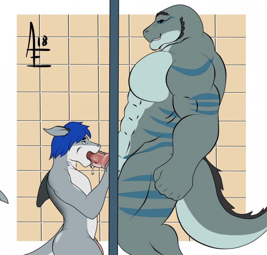 aereous anthro barazoku duo erection fellatio fish girly hi_res lizard male marine muscular oral penis reptile scalie sex shark tongue yaoi