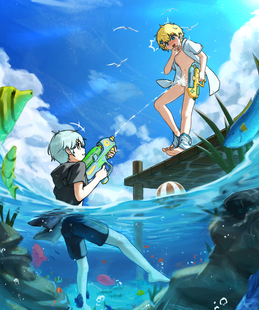 2boys alternate_version_available assisted_exposure barefoot beach bird blonde_hair blue_eyes blush convenient_censoring convenient_censorship fish male male_focus male_only original original_character original_characters outside pants_down pantsing stupidleo2 swimming swimming_trunks swimming_trunks_down swimsuit swimsuit_pull swimwear teal_hair water water_gun white_skin white_skinned_male yellow_eyes