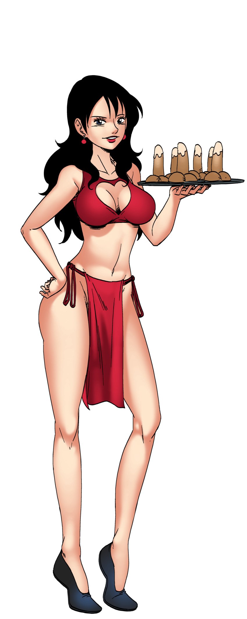 1girl alvida bikini black_hair blue_eyes breasts cleavage cleavage_cutout clothing_cutout crop_top earrings eugénie female full_body game hand_on_own_hip harem_heroes heart_cutout heels hentai_heroes holding_tray jewelry kinkoid large_breasts lipstick long_hair makeup midriff naked naked_female navel official_art parody pelvic_curtain presenting red_bikini smile solo tray