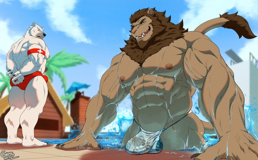 2025 2boys abs absurd_res anthro areola armband back_muscles bara barazoku bear beard biceps big_bulge big_muscles bikini_thong building bulge c_andreartz claws clothed clothing cloud day detailed_background duo facial_hair felid fur furry furry_only hi_res house huge_bulge huge_muscles kemono lifeguard lion looking_at_another male mammal mane muscular muscular_anthro muscular_male navel nipples outside pantherine partially_submerged pecs polar_bear poolside serratus signature smile speedo standing swimming_pool swimwear teeth thick_arms thick_thighs topless topless_anthro topless_male triceps tuft ursine vein wet wet_body wet_fur