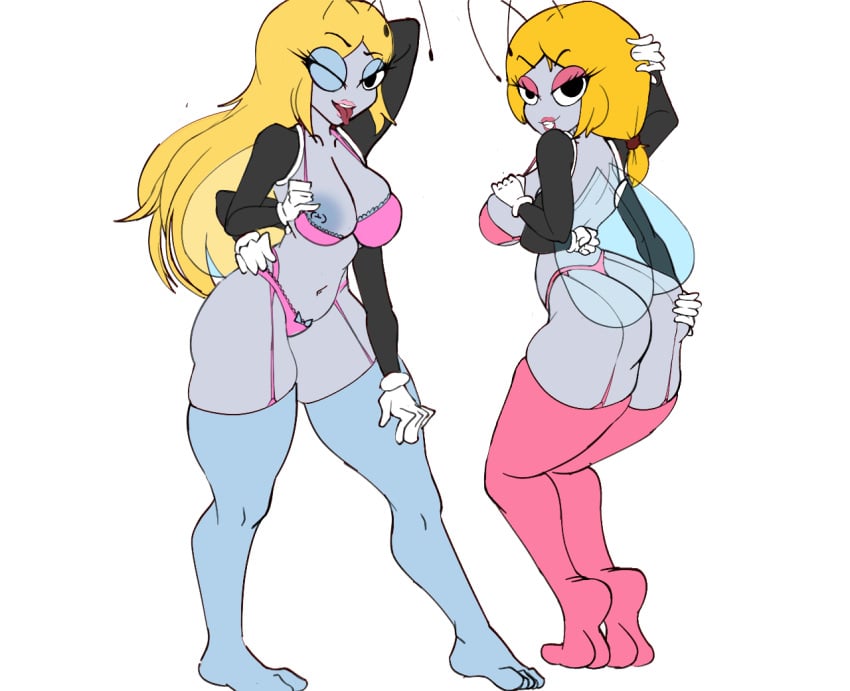 2025 2girls 4_arms antennae_(anatomy) anthro big_breasts black_arms black_eyes blonde_hair blue_legwear breast_out breast_size_difference dawn's_cronies disney disney_channel flat_colors gloves hand_behind_head hand_on_hip hand_on_leg hand_on_own_ass hand_on_own_breast hatus hourglass_figure insect_girl insect_wings light-skinned_female light_blue_eyeshadow lingerie_only long_hair looking_at_viewer multi_arm multi_limb perky_breasts pink_eyeshadow pink_legwear pink_lingerie pink_lipstick presenting_breast short_hair sideboob smug the_buzz_on_maggie thick_thighs tongue_out twintails white_background wide_hips winking_at_viewer