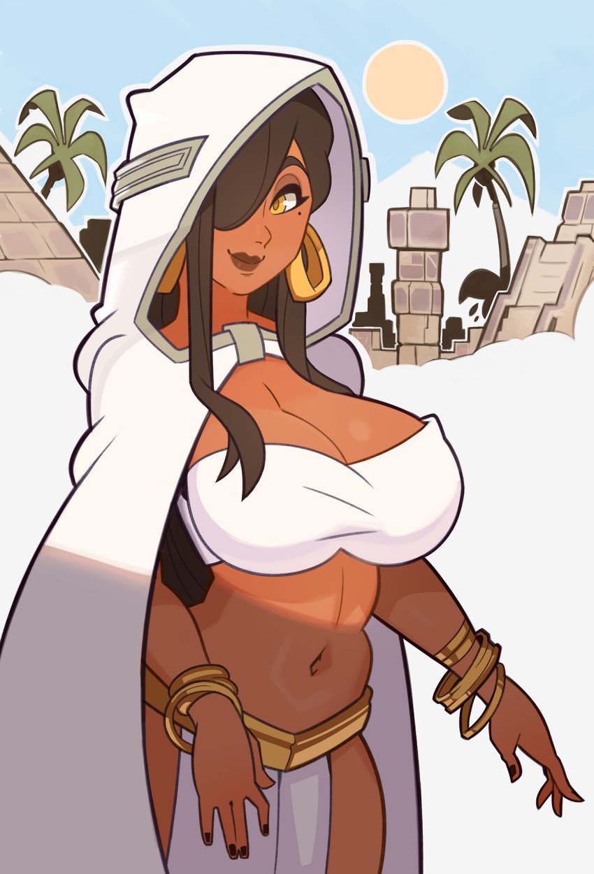 1girls black_hair bracelets cleavage dark-skinned_female dark_skin earrings female female_only hair_over_one_eye hood human loincloth midriff mole mole_under_eye nail_polish nebet original solo splashbrush yellow_eyes