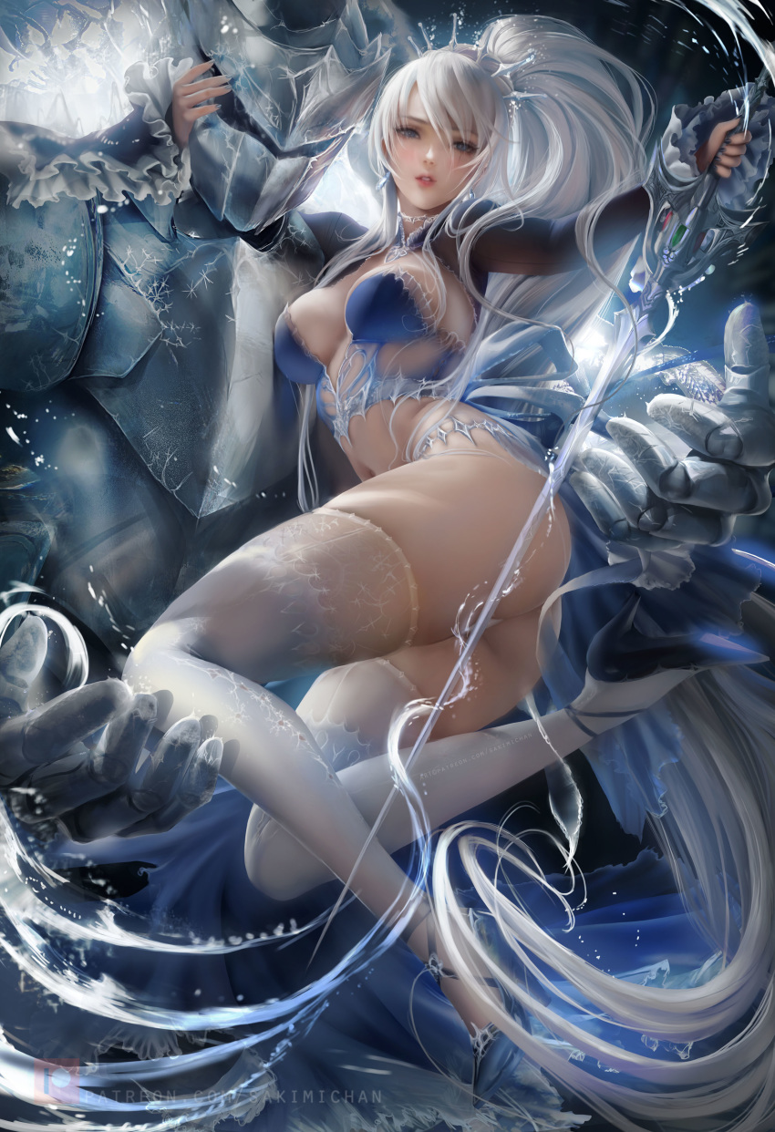 absurdres big_breasts blue_eyes breasts high_heels highres long_hair myrtenaster rapier rwby sakimichan stockings sword weapon weiss_schnee white_hair