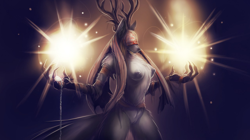 anthro antlers bandage beast_(bloodborne) black_nose blindfold blonde_hair bloodborne bottomless breasts canine cervine claws clothed clothing female fromsoftware fur hair horn mammal monster nipples pendant pussy solo sony_corporation sony_interactive_entertainment vicar_amelia watsup white_fur