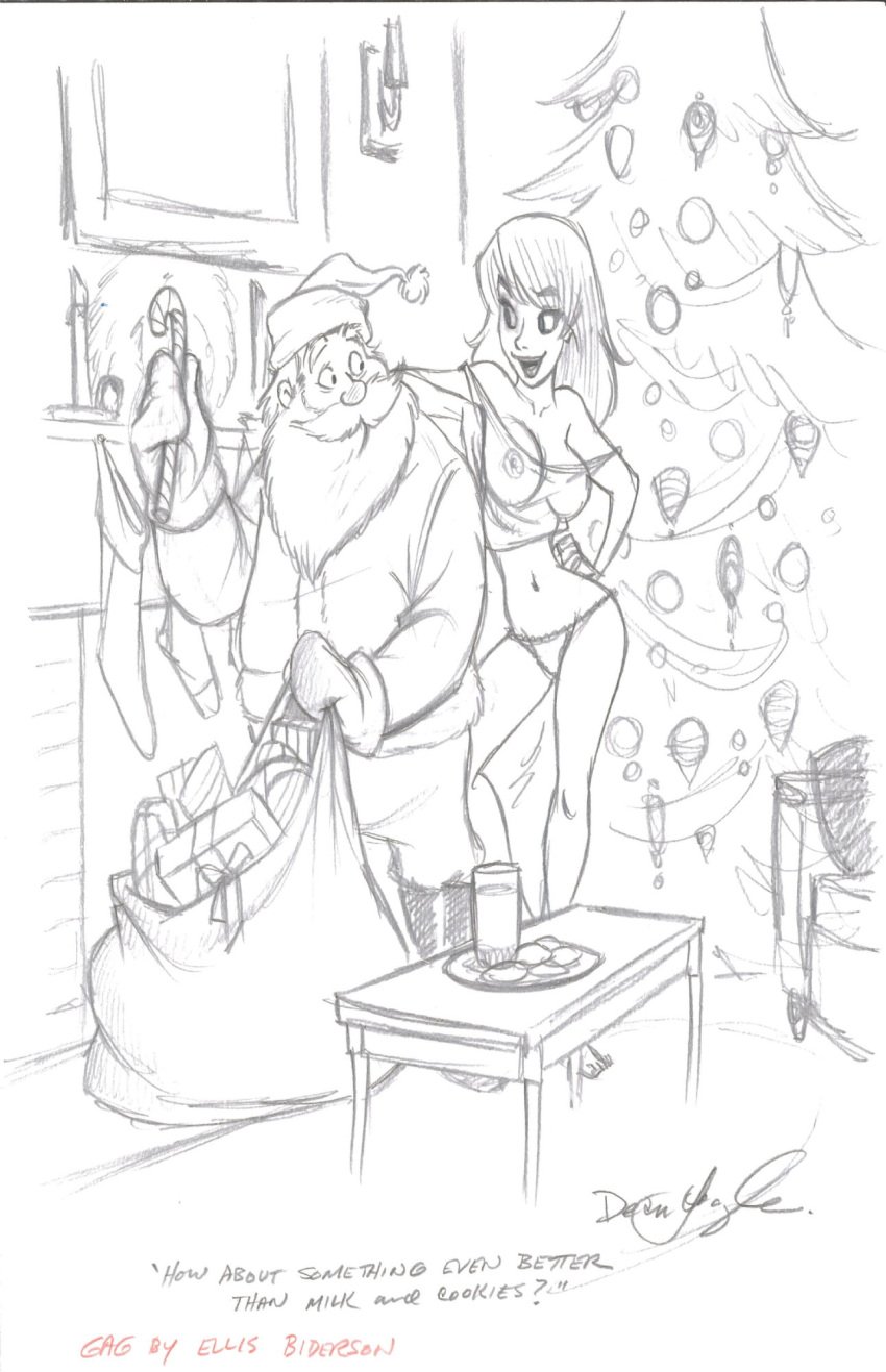 1girls 2d belly_button breasts caramel christmas coockie coockies dean_yeagle english_text female long_hair_female milk monochrome parody_porn santa_claus santa_costume sketch