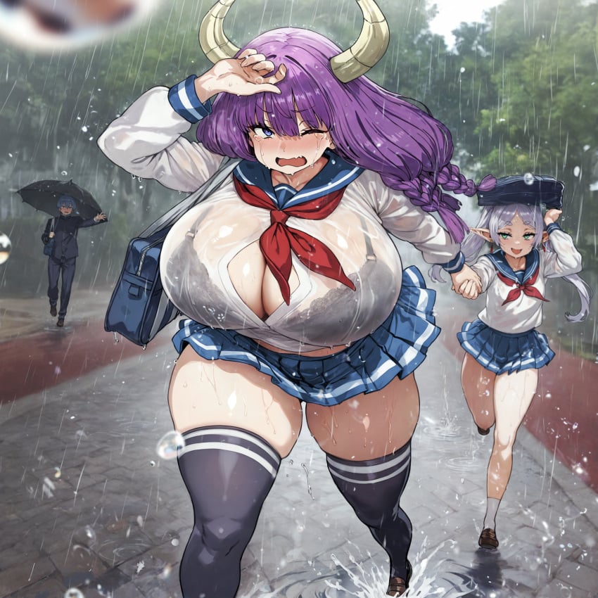 1boy 2girls ai_assisted ai_generated alitonx aura_(sousou_no_frieren) bag_on_head blue_eyes brick_road cleavage_cutout crying_with_eyes_open embarrassed fat fat_ass floating_hair foreshortening frieren gakuran gigantic_breasts green_eyes half-closed_eyes hand_on_forehead himmel_(sousou_no_frieren) holding_hands horns imminent_vore lace_bra miniskirt one_eye_closed open_mouth park perspective plump puddle purple_hair ripples road running school_bag schoolgirl see-through serafuku shy smug sousou_no_frieren splashing thick_thighs thighhighs umbrella water_drop wet wet_clothes white_hair wide_hips