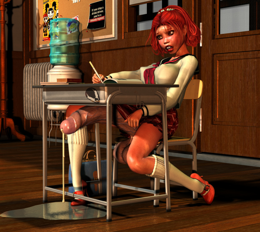 1futa 3d balls big_penis calf_socks desk futanari grendel high_heels intersex precum school_uniform sitting solo_futa veiny_penis