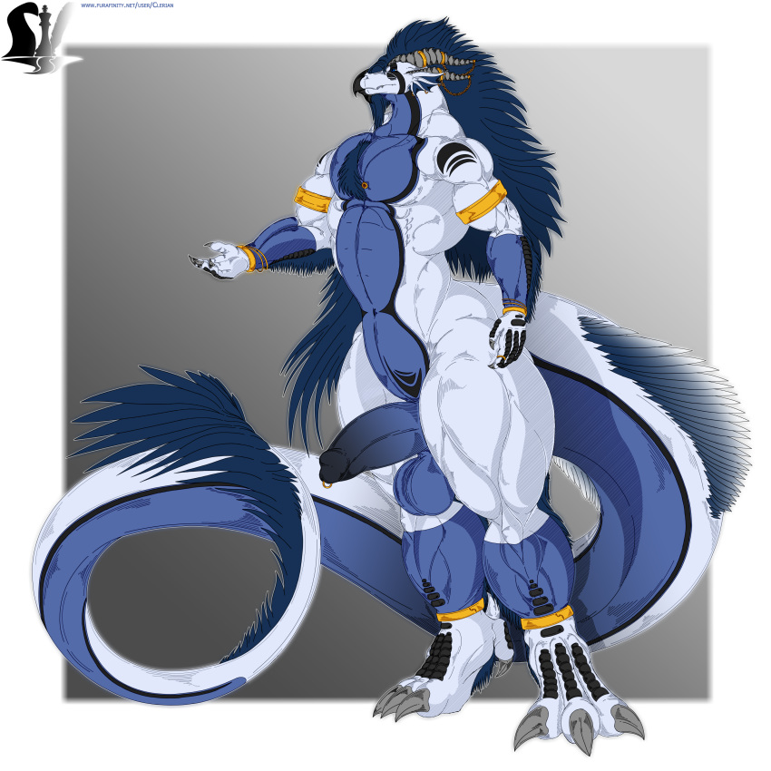 2018 4_fingers abs anthro anthro_dragon athletic balls biceps big_balls big_penis big_tail blue_balls blue_eyes blue_feathers blue_penis blue_skin bracelet circumcised claws clerian clerian_(clerian) digital_media_(artwork) dragon erection feathers feet front_view genital_piercing glans hair hi_res horn huge_tail humanoid_penis jewelry long_hair male male_only manly markings muscular muscular_male muscular_thighs navel nude pecs penis penis_piercing piercing pose prince_albert_piercing quads scales scalie seductive solo standing straps tattoo teeth thick_penis thick_tail thick_thighs toe_claws triceps white_skin wide_hips