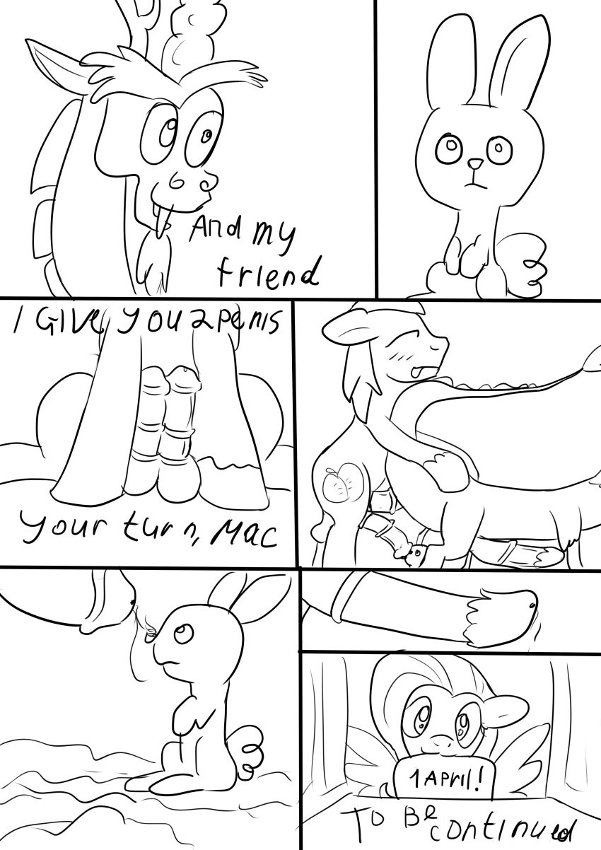 angel_(mlp) balls big_macintosh_(mlp) comic cum diphallia diphallism discord_(mlp) feral fluttershy_(mlp) friendship_is_magic gay humor interspecies invalid_tag jbond joke line_art male monochrome multi_penis my_little_pony orgasm penis sketch text yaoi zoophilia