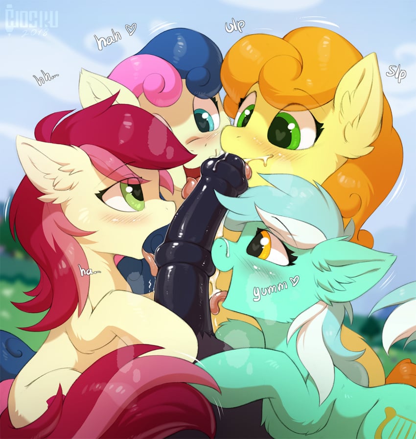 <3_eyes 2018 bonbon_(mlp) carrot_top_(mlp) collaborative_fellatio cum cum_on_tongue cutie_mark earth_pony equine female feral friendship_is_magic fur green_eyes group group_sex hair heart hi_res hioshiru horse licking lyra_heartstrings_(mlp) male mammal medial_ring multiple_fellatio my_little_pony open_mouth oral outside pony rose_(mlp) roseluck_(mlp) sex straight tongue tongue_out