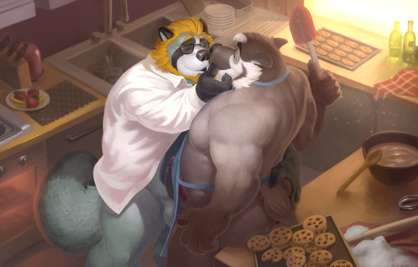 2018 alpha0 anthro apron ass balls canine closed_eyes clothing colson cooking duo humanoid_hands kissing kitchen male male_only mammal overweight overweight_male penis shirt tanuki