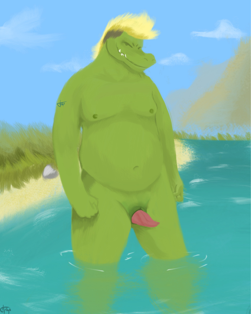 2018 alligator animal_genitalia anthro blonde_hair casual_nudity crocodilian digital_media_(artwork) epitaphkho_(artist) hair male male_only mammal nipples nude penis reptile scalie slightly_chubby solo telex(epitaphkho) water