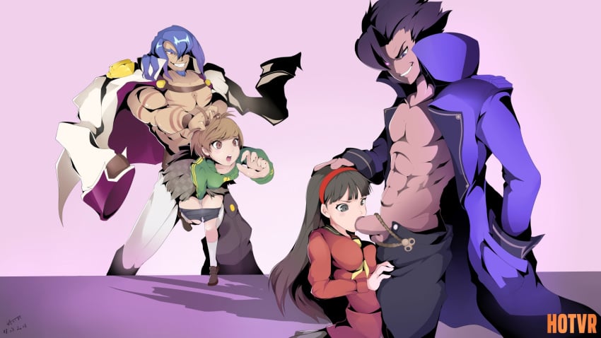 16:9 2boys 2girls amagi_yukiko azrael black_eyes black_hair blazblue blazblue:_cross_tag_battle blue_hair brown_eyes brown_hair clothed_sex crossover eyes fellatio female gordeau hair high_resolution hotvr long_hair male multiple_boys multiple_girls muscle muscular_male oral penetration persona persona_4 satonaka_chie sex short_hair straight surprised under_night_in-birth