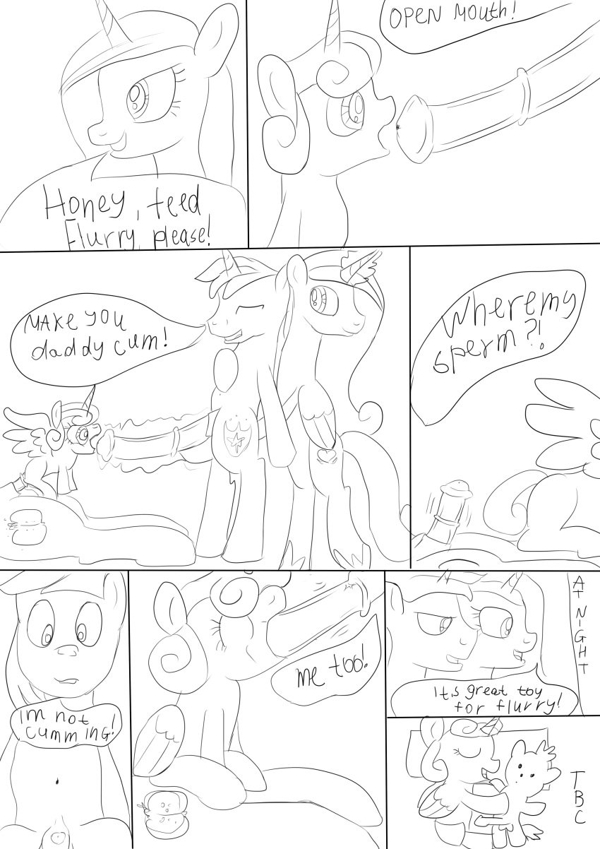 age_difference big_macintosh_(mlp) big_penis comic dry_orgasm fellatio female flurry_heart_(mlp) friendship_is_magic horsecock incest jbond magic male my_little_pony oral penetration penis princess_cadance_(mlp) shining_armor_(mlp) small_penis speech_bubble straight text toy young