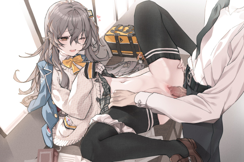 1boy absurdres anparu bangs belt black_legwear bow brown_eyes brown_hair cardigan censored crossed_bangs female girls'_frontline highres jacket mosaic_censoring navel necktie one_eye_closed panties panties_around_leg penis pussy school_uniform sex shirt sitting skirt spread_legs straight thighhighs ump45_(girls'_frontline) underwear vaginal_penetration