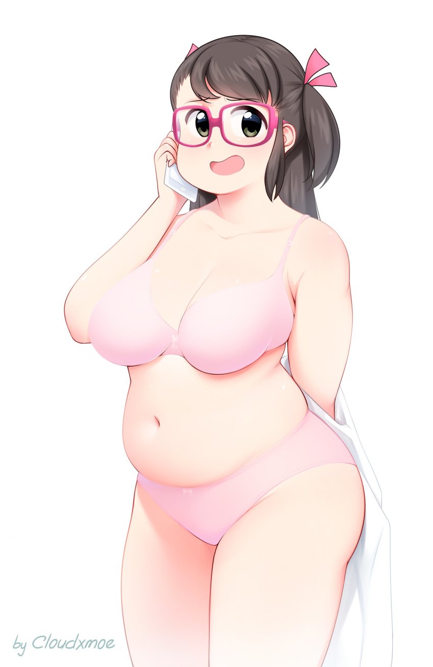 1girls ass belly big_ass big_breasts bra breasts brown_hair cellphone chubby cleavage cloudxmoe female female_only glasses human long_hair open_mouth panties slightly_chubby smile standing text thick_thighs underwear watermark white_background wide_hips