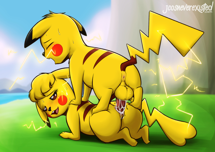 1boy 1girls all_fours alternate_hairstyle anthro anus ass balls big_ass blush brown_eyes cleft_tail closed_eyes cum cum_in_pussy cum_inside doggy_style electricity eyelashes female furry half-closed_eyes jcosneverexisted male nintendo nude on_top outdoors penis pikachu pokémon_(species) pokemon pokemon_(species) pussy rodent sex smile straight sweat testicles text thick_thighs thunder trembling url video_games watermark yellow_fur