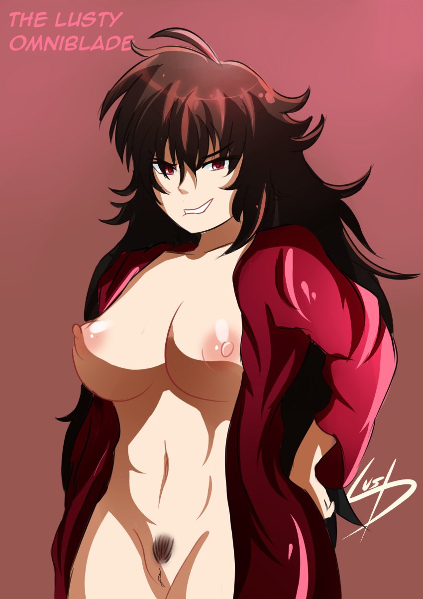 black_hair exposed_breasts female milf nipples nude pubic_hair pussy raven_branwen red_eyes robe rwby smirk solo thelustyomni-blade