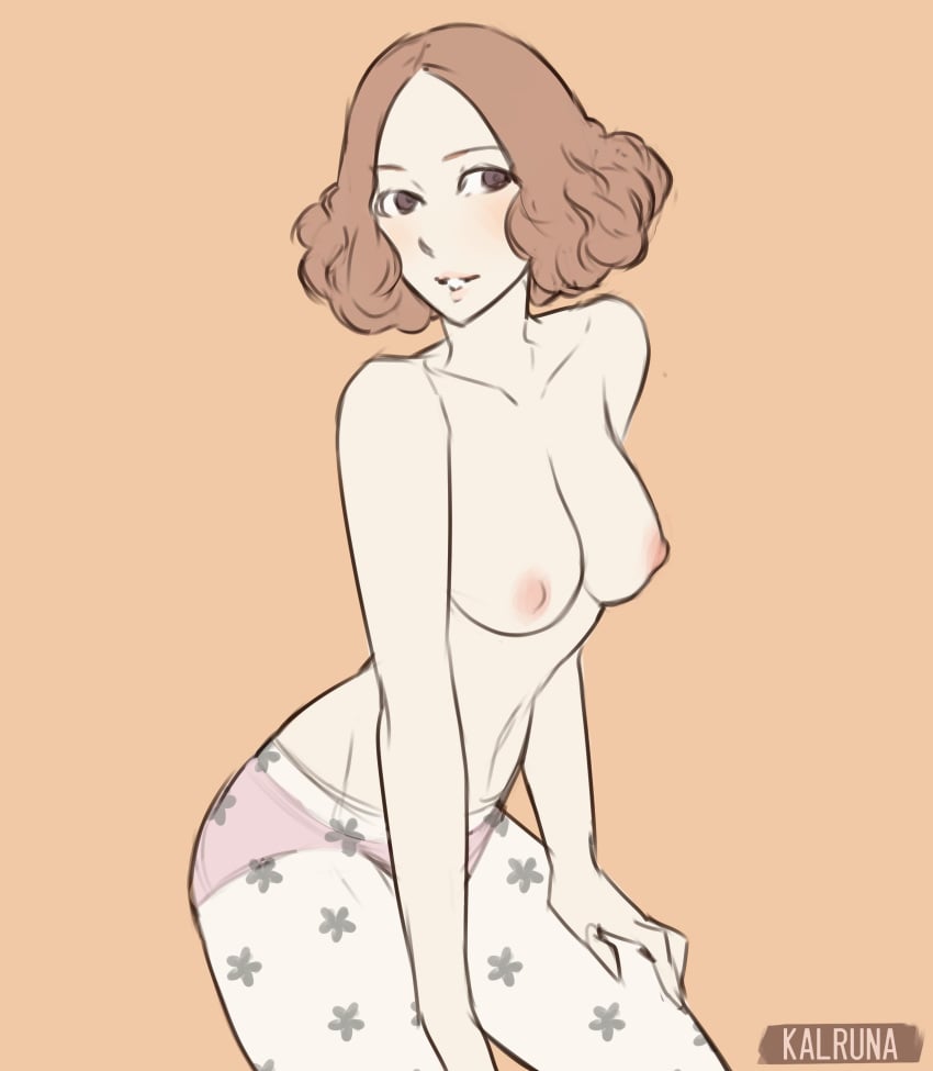 1girls blush female_only fluffy_hair haru_okumura kalruna light_brown_hair no_bra pantyhose persona persona_5 solo topless undressing