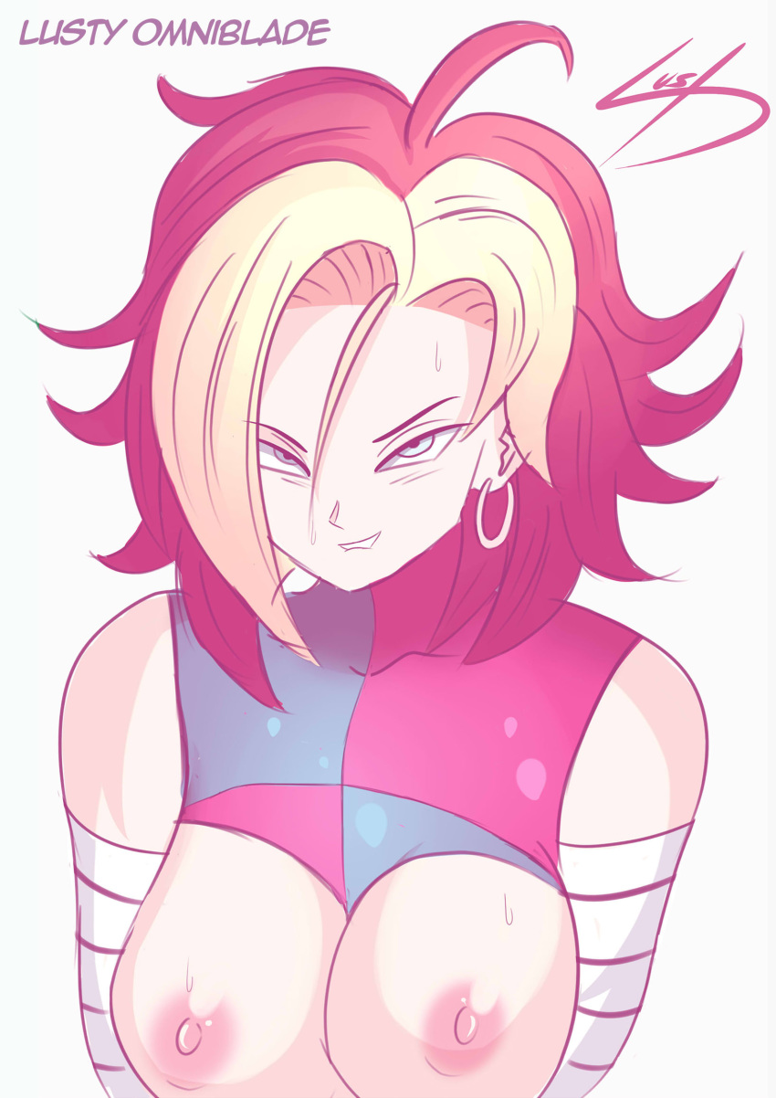 android_18 android_21 android_39 blonde_hair blue_eyes breasts dragon_ball dragon_ball_fighterz dragon_ball_z earrings exposed_breasts fusion hoop_earrings huge_breasts hypothetical_fusion multicolored_hair nipples red_hair smile thelustyomni-blade two_tone_hair