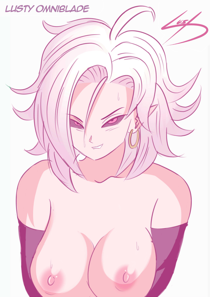 1girls 2010s android_21 black_sclera breasts curvy dark_persona dragon_ball dragon_ball_fighterz dragon_ball_z earrings exposed_breasts female humanoid large_breasts long_hair majin majin_android_21 nipples pink_skin pointy_ears red_eyes silver_hair smile thelustyomni-blade white_hair