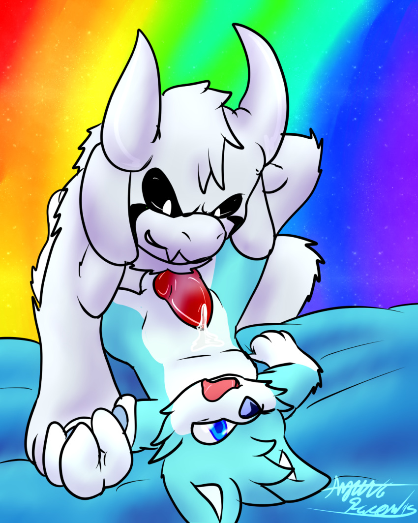 2boys anal_sex anthro artist_request asriel_dreemurr asriel_dreemurr_(god_form) bed blue_eyes blue_fur blue_nose cyan_fox_cody fur knot male male_only one_eye_closed open_mouth penis precum rainbow_background simple_background undertale video_games yaoi