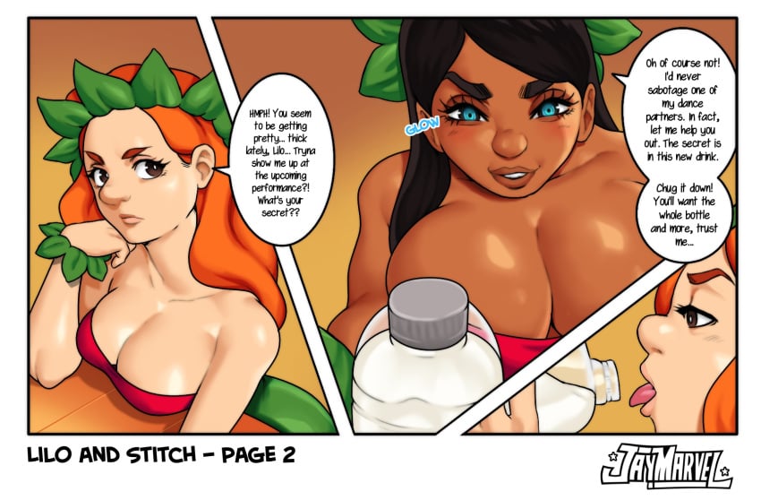 2019 2girls 3_panel_comic accessory aged_up big_breasts big_nose black_hair blue_eyes bodily_fluids breasts brown_eyes cleavage clothed clothing comic cum cum_in_container dark-skinned_female dark_hair dark_skin dialogue disney drinking_cum english_text female female_only genital_fluids hair_accessory hi_res huge_breasts human human_only jay-marvel lilo_and_stitch lilo_pelekai long_hair makeup mertle_edmonds multiple_girls orange_hair page_2 pale_skin redhead smile speech_bubble teeth thick_lips