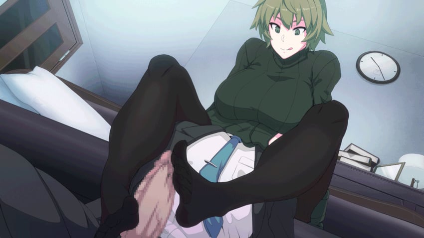 1boy 1girls akina-chan animated big_penis buckethead_ero censored clothed_female clothed_male footjob footjob_with_legwear green_hair huge_breasts huge_penis large_penis light-skinned_male original pantyhose ribbed_sweater tongue_out