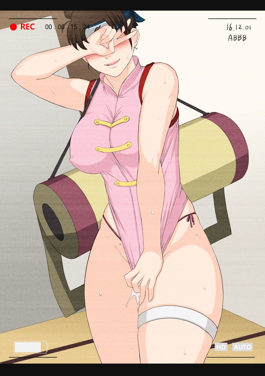 1girls abbb after_sex big_breasts blush breasts brown_hair brown_panties camera_view cleavage covering covering_eyes dripping dripping_cum dripping_pussy embarrassed eyes_covered female female_only forehead_protector gesture hair_bun headband hourglass_figure large_breasts naruto naruto_(series) nipple_bulge no_pants panties shirt shirt_pull shirt_tug solo solo_focus tenten tenten(genin) v v_over_eyes voluptuous wet young