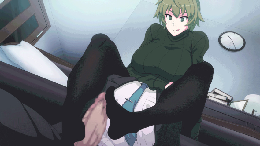 1boy 1girls akina-chan animated big_penis buckethead_ero censored clothed_female clothed_male cum ejaculation footjob footjob_with_legwear green_hair huge_breasts huge_penis large_penis light-skinned_male pantyhose ribbed_sweater stockings suit