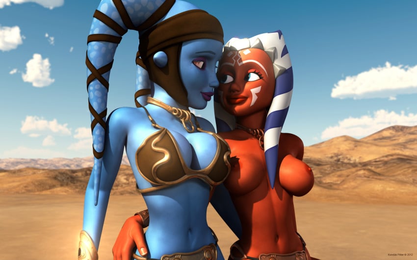 2girls 3d aayla_secura ahsoka_tano alien alien_girl armband artist_name bald bare_shoulders big_breasts blue_eyes blue_skin bracer busty choker cleavage clone_wars curvy day detailed_background erect_nipple erect_nipples eyelashes female female_only front_view half-dressed half_dressed hand_on_hip hands_on_hip hands_on_hips headgear hourglass_figure humanoid jedi jedi_master jedi_padawan kondaspeter looking_up mammal marking midriff multiple_females multiple_girls no_bra orange_skin outdoor outside pose posing purple_lips shadow shiny shiny_skin slave_ahsoka slave_bikini standing star_wars tatooine togruta topless twi'lek voluptuous wide_hips yellow_eyes yuri