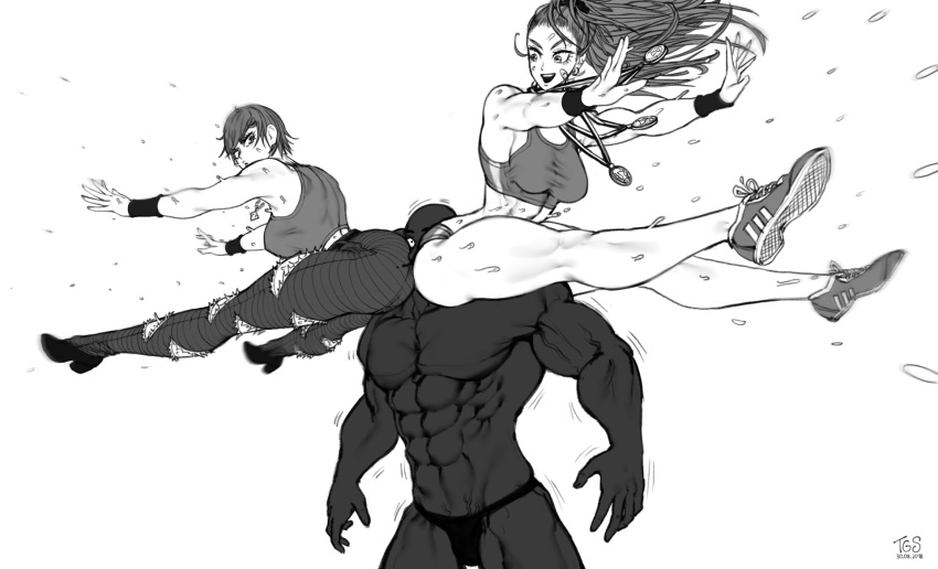 1boy 2girls abs ass_to_ass big_ass black_and_white captain_mizuki crushing dark-skinned_male dark_skin female long_hair medals monochrome muscular muscular_female muscular_male one-punch_man open_mouth ripped_clothing ripped_jeans superalloy_darkshine sweat tagme tanktop_girl thegoldensmurf white_background