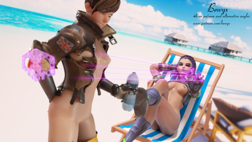 3d alternate_costume beach bewyx blizzard_entertainment breasts duo female female_only nipples overwatch sombra tracer tulum_sombra