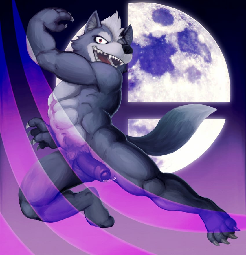 1boy 2018 abs absurd_res action_pose anthro canine flaccid fur furry hi_res humanoid_penis looking_at_viewer male male_only mammal moon muscular nintendo nude open_mouth penis pose precum simple_background smile solo spectral-bat star_fox super_smash_bros. teeth testicles uncut video_games wolf wolf_o'donnell