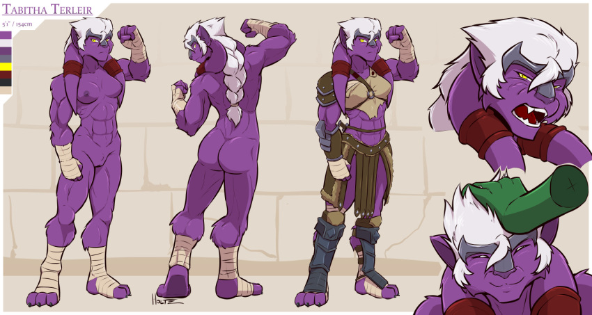 angry anthro armor bandage braided_hair breasts female flexing fur hair head_pat head_plate head_tails holtzmann kraskit model_sheet nude purple_fur pussy tabitha_terleir white_hair