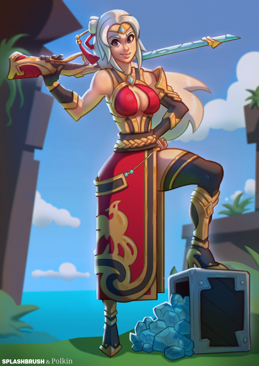 blue_eyes boots female gun hand_on_hip human lian_(paladins) paladins polkin ponytail solo splashbrush tiara tied_hair weapon white_hair