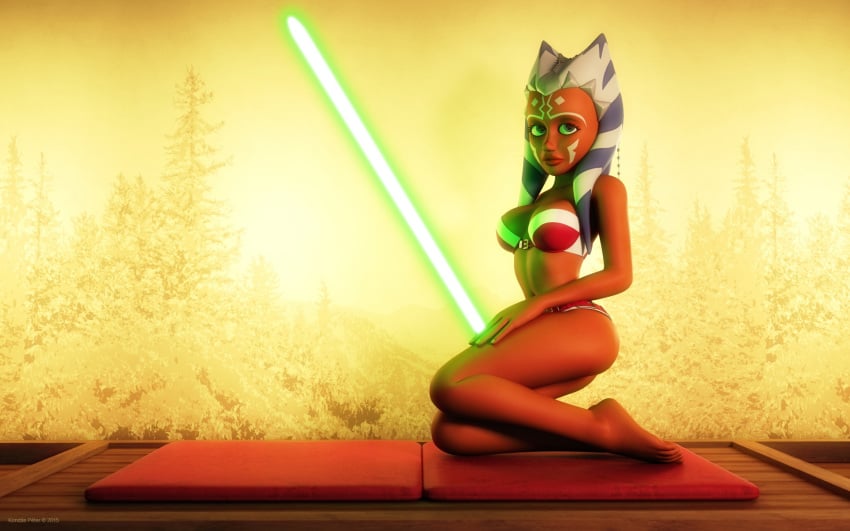 1girls 3d ahsoka_tano alien alien_girl artist_name bare_shoulders barefoot belt big_breasts bikini bikini_bottom bikini_top blue_eyes busty clone_wars curvy detailed_background eyelashes female female_only fire front_view hourglass_figure humanoid indoors inside jedi jedi_padawan kneeling kondaspeter lightsaber looking_at_viewer mammal midriff orange_skin pillow pose posing room sci-fi science_fiction scifi shadow shiny shiny_skin solo solo_female star_wars togruta voluptuous weapon wide_hips