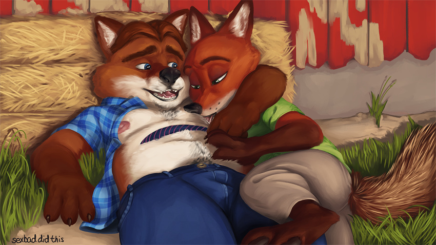 2boys anthro canine clothing disney fox gay gideon_grey jeans male male_only mammal nick_wilde nipple_play nipple_suck nipples partially_clothed sexbad yaoi zootopia