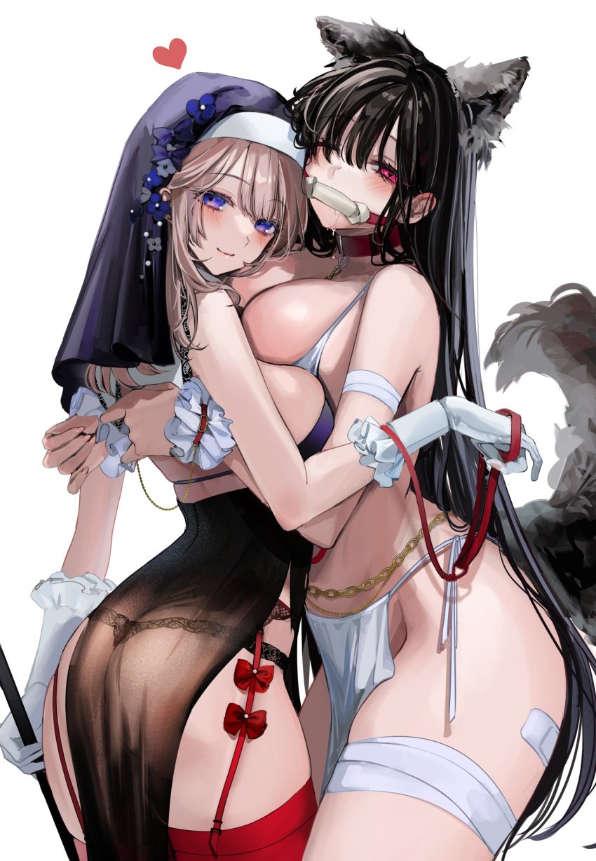 2girls ass bandage bandaged_arm bandaged_leg bit_gag black_bra black_hair black_lingerie black_panties blue_eyes bondage bra breasts brown_hair chained_wrists collar dog_ears dog_girl dog_tail dominatrix female female_only femdom gag gagged garter_belt garter_straps gloves holding_leash holding_whip kandzume_(kandume200) large_breasts leash leash_between_breasts lezdom lingerie long_hair looking_at_viewer looking_back nun nun's_habit nun_outfit oc one_eye_closed original original_characters pelvic_curtain pet_play petplay red_eyes simple_background slave thighhighs whip white_background white_bra yuri