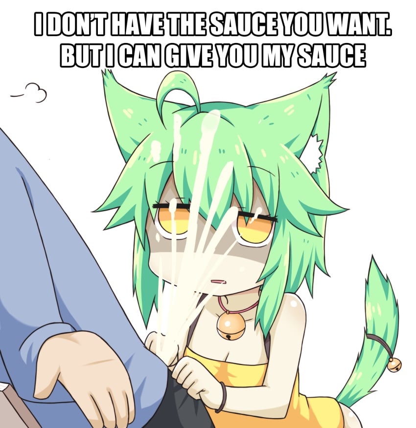 1boy absurdres ahoge animal_ear_fluff animal_ears bangs bare_shoulders bell black_pants blue_shirt breasts cat_ears cat_girl cat_tail cleavage collarbone comedy commentary_request cum english eyebrows_visible_through_hair facial female funny green_hair greenteaneko greenteaneko-chan hair_between_eyes highres humor jingle_bell long_hair long_sleeves meme orange_eyes original out_of_frame pants parted_lips shaded_face shirt simple_background small_breasts solo_focus tail tail_bell tail_raised white_background yellow_camisole