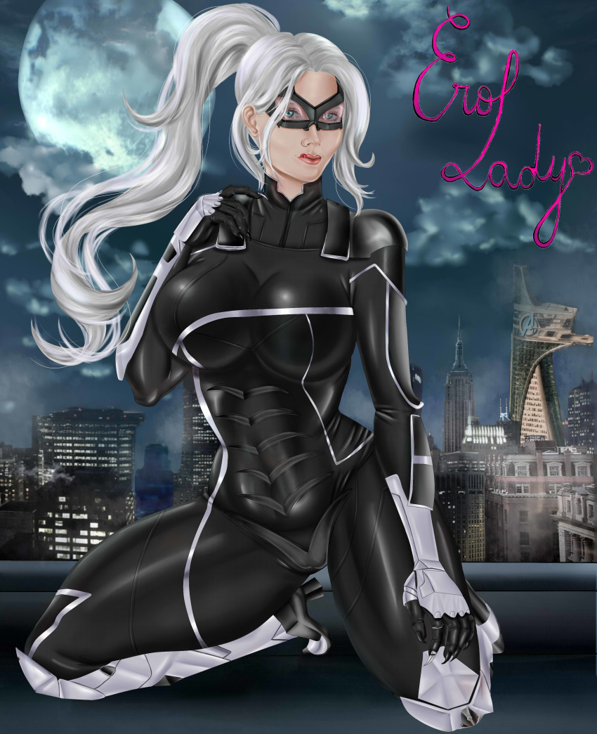 1girls big_breasts black_cat_(marvel) blue_eyes bodysuit breasts city erolady felicia_hardy female female_focus female_only huge_breasts kneeling leather long_hair marvel marvel_comics mask masked moon night seductive skyline solo solo_focus spider-man_(ps4) spider-man_(series) thief thighs tongue tongue_out uniform white_hair