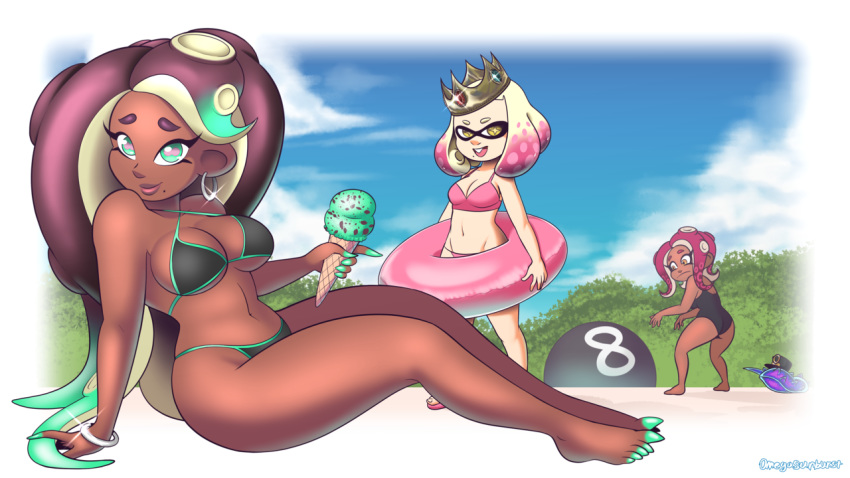 3girls 8_ball agent_8_(splatoon) ambiguous_gender ass beach bikini breasts c.q._cumber crown dark-skinned_female dark_skin feet female ice_cream inkling inner_tube marina_(splatoon) nintendo octoling omegasunburst pearl_(splatoon) splatoon splatoon_2 tentacle_hair text thick_thighs toes watermark wide_hips