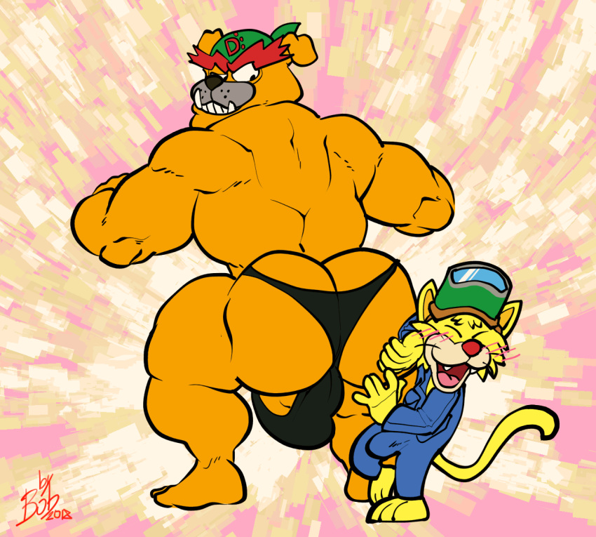 2018 abstract_background animated anthro ass balls bara blush bobthetanuki bulge canine clothed clothing dribble_(warioware) duo fangs feline gay male mammal mario_(series) muscular muscular_male penis_outline simple_background size_difference smile spitz spitz_(warioware) thong topless twerking warioware yaoi