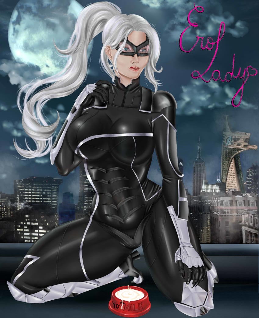 1girls big_breasts black_cat_(marvel) blue_eyes bodysuit breasts city erolady felicia_hardy female female_only huge_breasts kneeling leather long_hair marvel marvel_comics mask masked moon night seductive skyline solo solo_focus spider-man_(ps4) spider-man_(series) thief thighs tongue tongue_out uniform white_hair