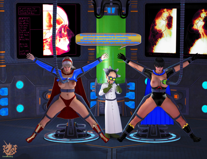 1boy 2girls 3d black_hair blonde bondage breasts breasts_out cape cir-el closed_eyes dc dc_comics doctor_astray female goggles heroine kara_zor-el labcoat laboratory leoskull03 long_hair male needle nipples original_character science scientist shirt_pull short_hair spanish_text speech_bubble supergirl superheroine superman_(series) syringe tagme text unconscious underwear