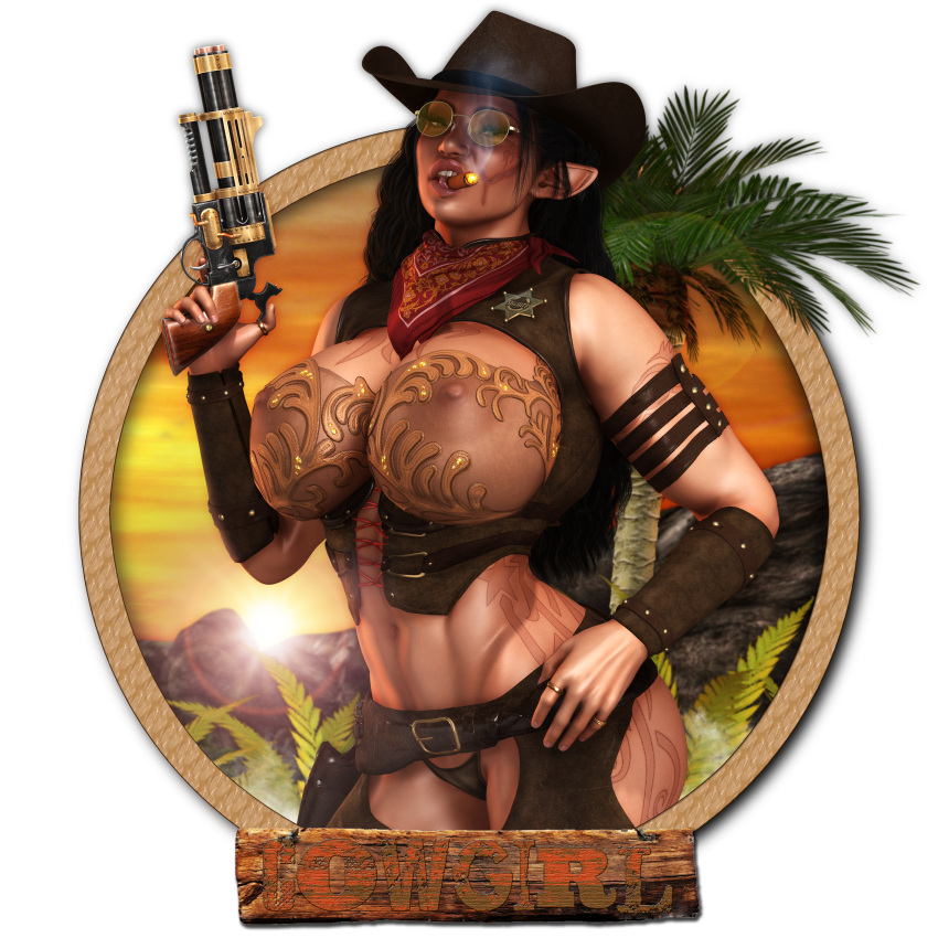 1girls 3d bandana bare_shoulders becarra belt big_breasts black_hair bra bracer busty cigarette cleavage curvy detailed_background english_text erect_nipple erect_nipples eyelashes female female_only front_view glasses gray_eyes gun hat holding_object hourglass_figure humanoid jelana_grey long_hair looking_at_viewer midriff nail_polish nipple_bulge pointy_ears pose posing scar see-through shadow shiny shiny_skin short_shorts solo standing tattoo text thong thumb_ring tree vest voluptuous weapon wide_hips